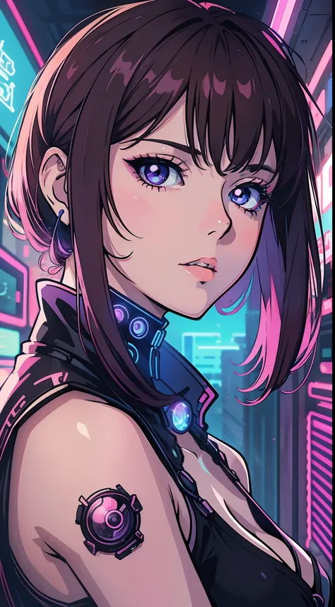 rosto feminino estilo anime shoujo, cyberpunk, neon, dark