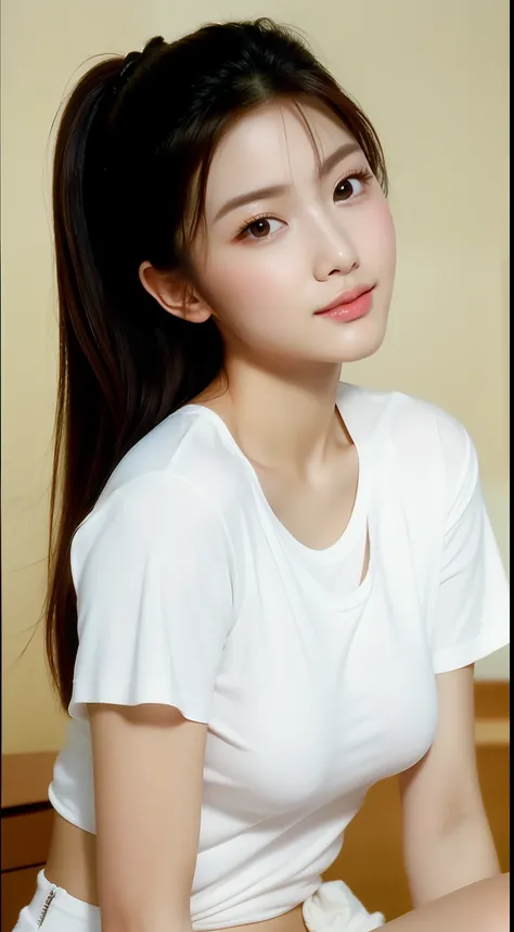 realistic photos of 1 cute Korean star, hair behind ears, white skin, thin makeup, 32 inch breasts size, wearing t-shirt, sitting in class, upper body portrait, Fujicolor, UHD