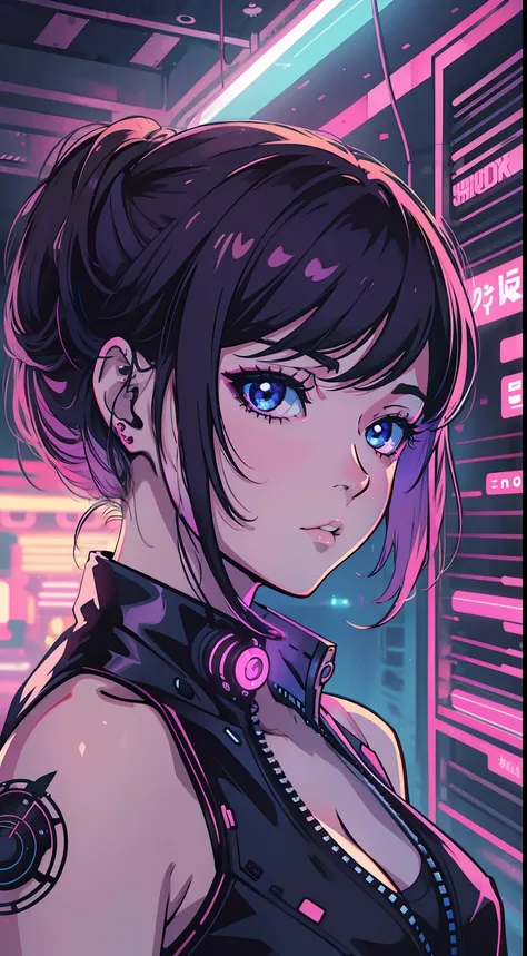 rosto feminino estilo anime shoujo, cyberpunk, neon, dark