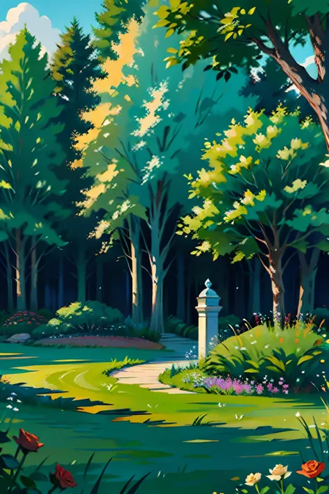 A painting of a summertime landscape, green trees, green grass, big rose bushes in a garden, daytime light.