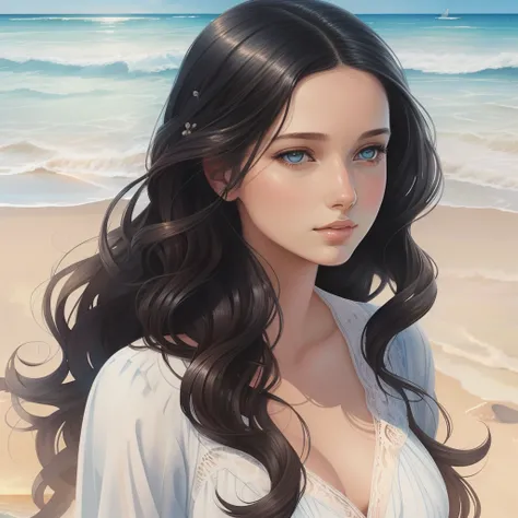 a watercolor painting of a woman 25 years old at the beach, Woman with wavy black hair, detailed eyes in blue color, wearing a white dress color illustration, Digital illustration style, detailed portrait, detailed fashion illustration, detailed full body ...