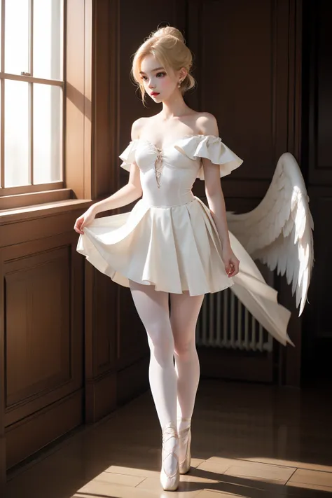 cute girl, delicate face, angel, blonde hair, white silk clothes, ballerina skirt, full body, bare shoulder