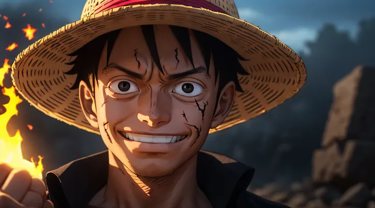 1boy, wanostyle, monkey d luffy, smiling, straw hat, looking at viewer, solo, upper body, ((masterpiece)), (best quality), (extremely detailed), depth of field, sketch, dark intense shadows, sharp focus, soft lighting, hdr, colorful, good composition, fire...