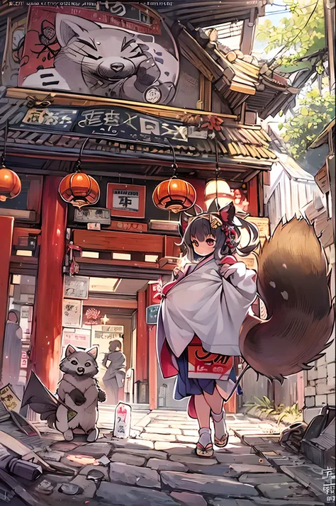 Tanuki Woman、body covered with fur、huge-breasted、kawaii、shrine maiden、Japan white clothes,Red Hakama、torii gate,summer day、From below、Wide Shot、raccoon dog