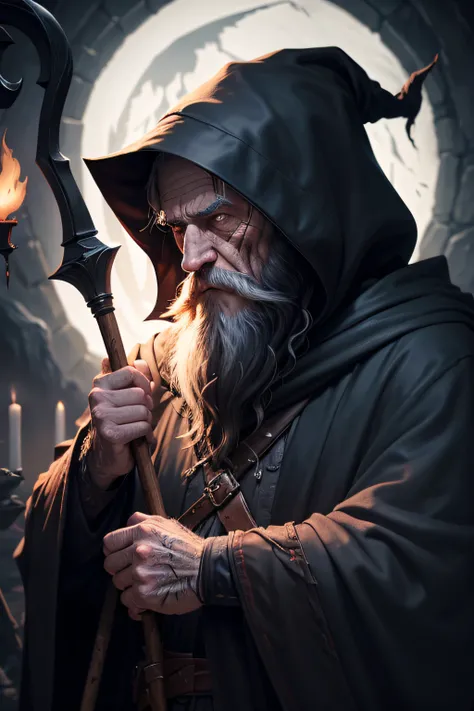 an old man with a dark cloak and long beard, scars on his face, staff, dark sorcerer, night, dark environment, darkness, fog, blood