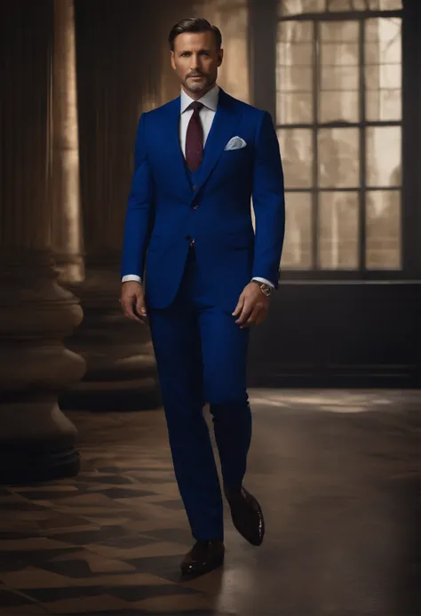 Certainly, further refine the prompt for an ultra-realistic 8K portrait of a distinguished short-haired gentleman in his 40s, with piercing black eyes. Hes impeccably attired in a meticulously tailored royal blue suit, complemented by a perfectly matching ...