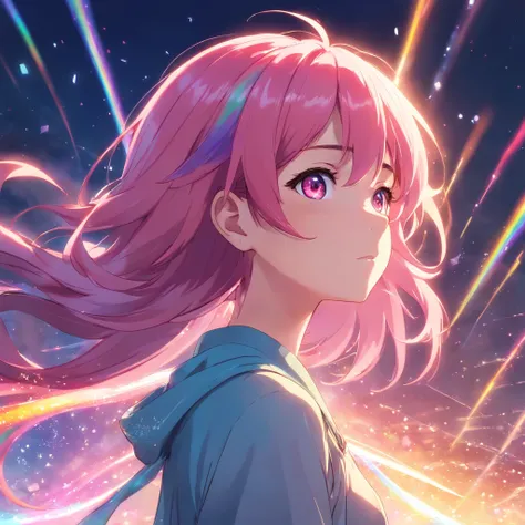 With pink hair and rainbow eyes,beautiful as a fairy,A melancholy expression that stirs affection,side face,floating hair,light particles,glare,vivid,fancy,dreamlike,a dim atomshpere,