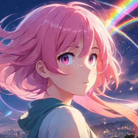 With pink hair and rainbow eyes,beautiful as a fairy,A melancholy expression that stirs affection,side face,floating hair,light particles,glare,vivid,fancy,dreamlike,a dim atomshpere,