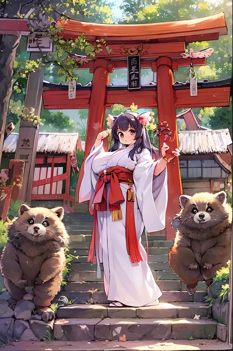 Tanuki Woman、body covered with fur、huge-breasted、kawaii、shrine maiden、Japan white clothes,Red Hakama、torii gate,summer day、From below、Wide Shot、raccoon dog