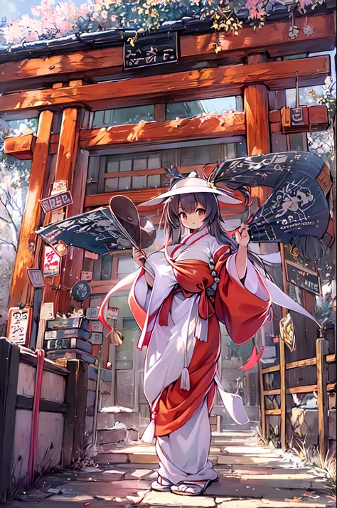 tanuki woman、body covered with fur、huge-breasted、kawaii、shrine maiden、japan white clothes,red hakama、torii gate,summer day、from ...