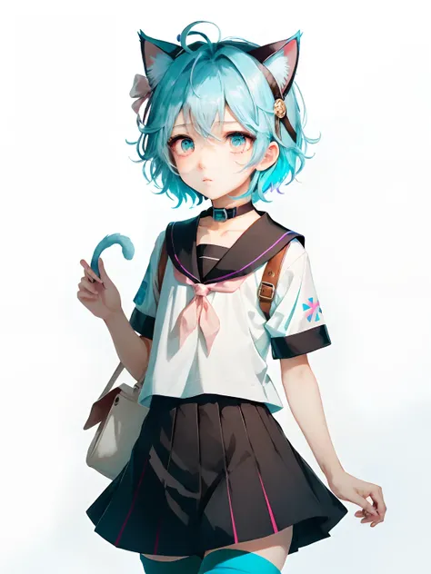 masterpiece, best quality, day, artbook, colorful, wallpaper, kawaii, shota, boy, male, light blue hair, antenna hair, expressionless eyes, sad, glowing eyes, gradient eyes, medium breasts, serafuku, multicolored eyes, blue thighhighs, halo, satchel, banda...