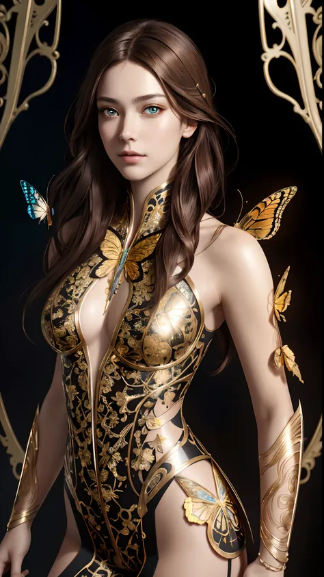 8k portrait of beautiful cyborg with brown hair, intricate, elegant, highly detailed, majestic, digital photography, art by artgerm and ruan jia and greg rutkowski surreal painting gold butterfly filigree, broken glass, (masterpiece, sidelighting, finely d...