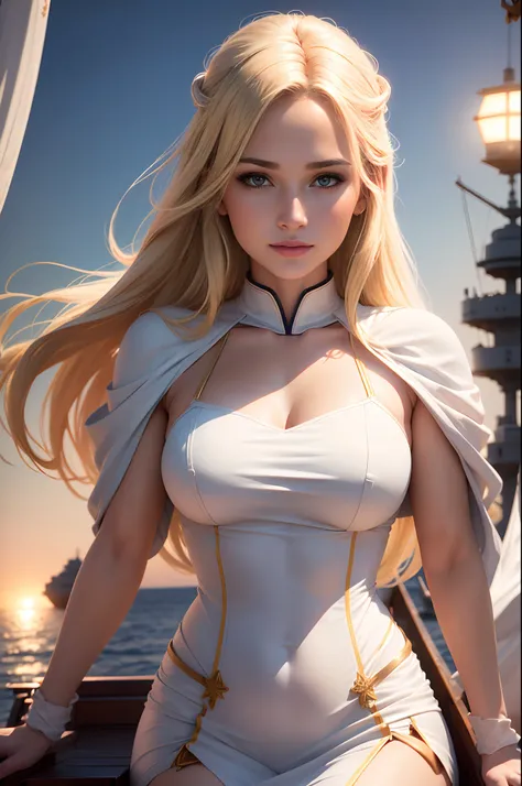 (8K,Photorealsitic　Raw photography　top-quality;1.4) 　(1 mature female)　Super beauty　(Lifelike face)　Blonde woman in white uniform posing on warship,　Beautiful expression　real looking skin　超A high resolution　Precision Details　Warship deck　Sunset