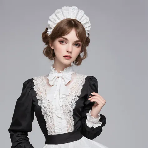 Lolita dress design, (mannequin wearing the dress), classic lolita dress desgin, lots of frill and lace dress, long sleeves, black and white dress