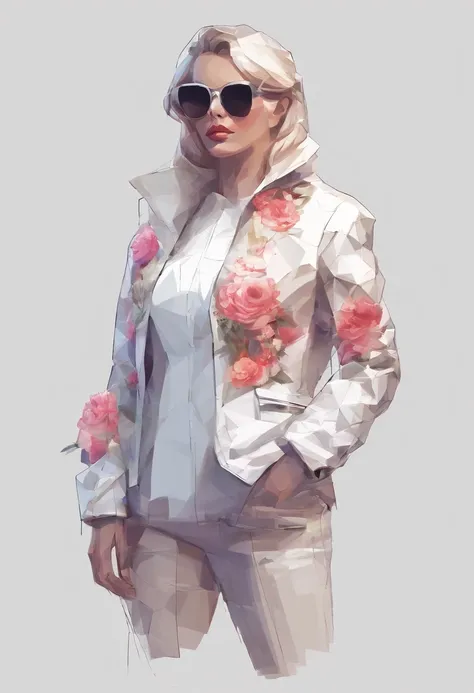 Perfect alignment, Zodiac signs in jackets，crystal vases，Rose flower, Wearing sunglasses, cheerfulness, Standing position, Abstract beauty, Centered, Looking at the camera, Facing the camera, nearing perfection, Dynamic, Highly detailed, smooth, Sharp focu...