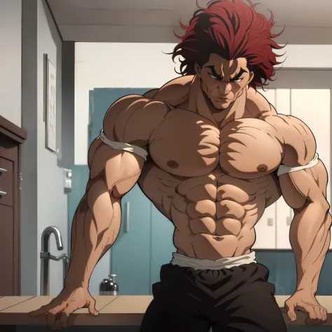 highres, High quality,(Beautiful), ((masterpiece)),vibrant colors, solo,1boy, male focus, manly, muscular, muscular male, red hair, solo, spiked hair,((shirtless)), black pants, from front, Best quality , alone