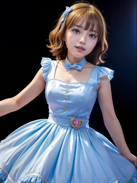 momoko suou (million live), 1 girl, Lori, Petite, Best Quality, Ultra-detailed, 8K, masutepiece, High resolution, idol costume, Princess Line Dresses, Beautiful dress, Light blue dress, A big ribbon on her chest, brooches, concert, strong lights,