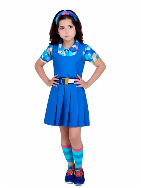 14 year old girl with Brown hair and blue eyes wearing a dark blue flared dress with thick straps and round collars, a shirt with a candy print (pink, lima green, light blue, magenta) and thin short sleves in a baby look style, a belt with a splash print (...