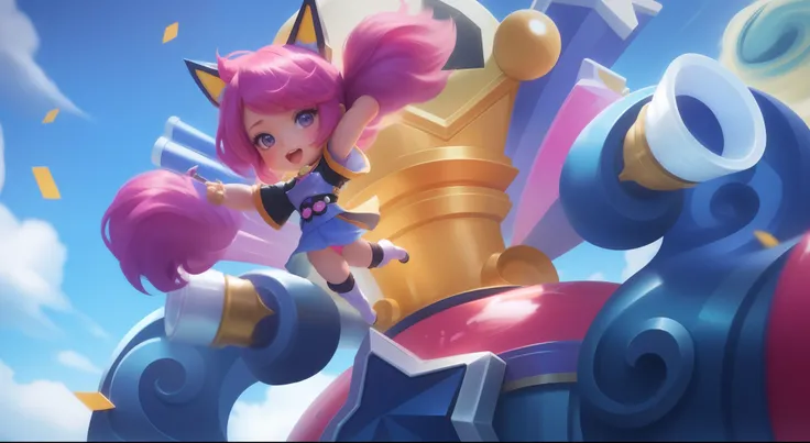 A closeup of a woman in a pink outfit mounted on a giant robot, jinx arcano, Splashart de League of Legends, League of Legends arte splash, star guardians, Serafim Ahri KDA, de League of Legends, Splash Art Oficial, Arte Splash, Arte do personagem de Leagu...