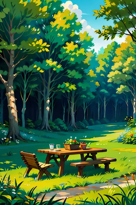 A painting of a summertime landscape, green trees, green grass, a picnic bench, a corn field, daytime light.