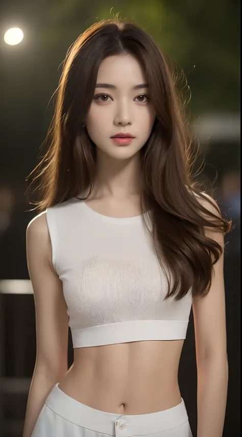 ((Realistic lighting, Best quality, 8K, Masterpiece: 1.3)), Clear focus: 1.2, 1girl, Perfect beauty: 1.4, Slim abs: 1.1, ((Dark brown hair)), (White crop top: 1.4), (Outdoor, Night: 1.1), Park view, Super fine face, Fine eyes, Double eyelids,