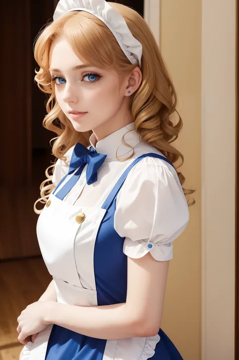 Woman with ,golden curly hair,Blue eyes,white fox ears,,dressed as a maid