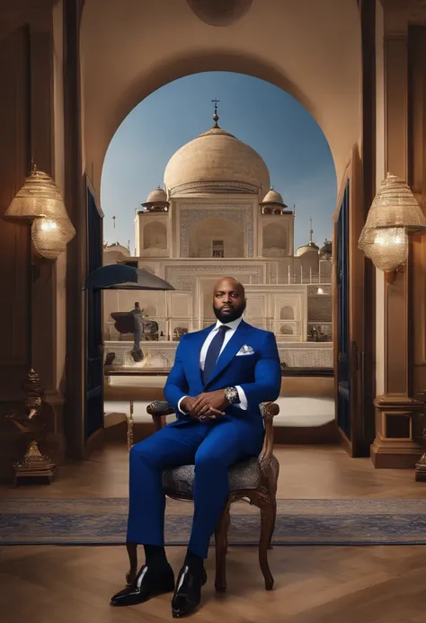 Certamente, refinar ainda mais o pedido para um retrato 8K ultrarrealista de um distinto cavalheiro de cabelos curtos e na casa dos 40 anos, com olhos negros penetrantes. He is impeccably dressed in a meticulously tailored royal blue suit, complementado po...