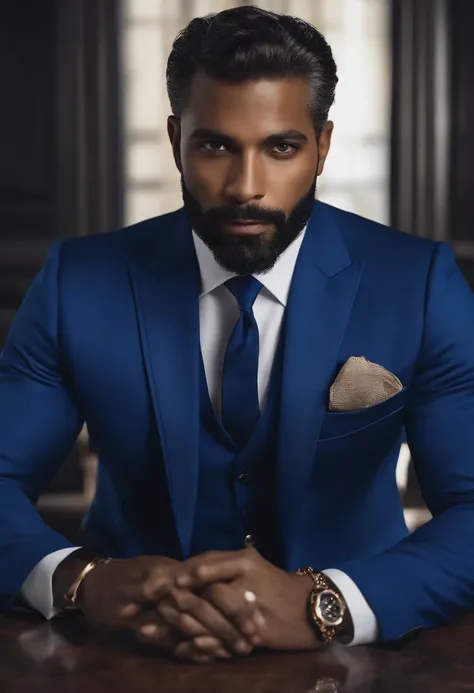 Certamente, refinar ainda mais o pedido para um retrato 8K ultrarrealista de um distinto cavalheiro de cabelos curtos e na casa dos 40 anos, com olhos negros penetrantes. He is impeccably dressed in a meticulously tailored royal blue suit, complementado po...