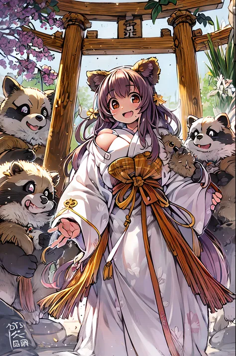 Tanuki Woman、body covered with fur、huge-breasted、kawaii、shrine maiden、Japan white clothes,Red Hakama、torii gate,summer day、From below、Wide Shot、raccoon dog