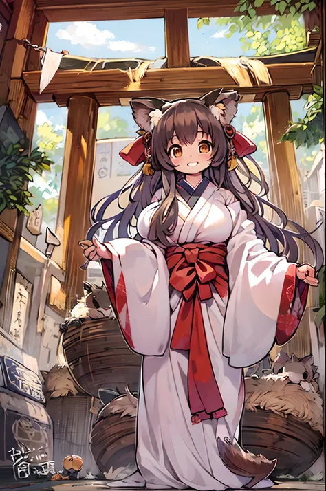 Tanuki Woman、body covered with fur、huge-breasted、kawaii、shrine maiden、Japan white clothes,Red Hakama、torii gate,summer day、From below、Wide Shot、raccoon dog