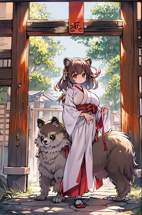 Tanuki Woman、body covered with fur、huge-breasted、kawaii、shrine maiden、Japan white clothes,Red Hakama、torii gate,summer day、From below、Wide Shot、raccoon dog