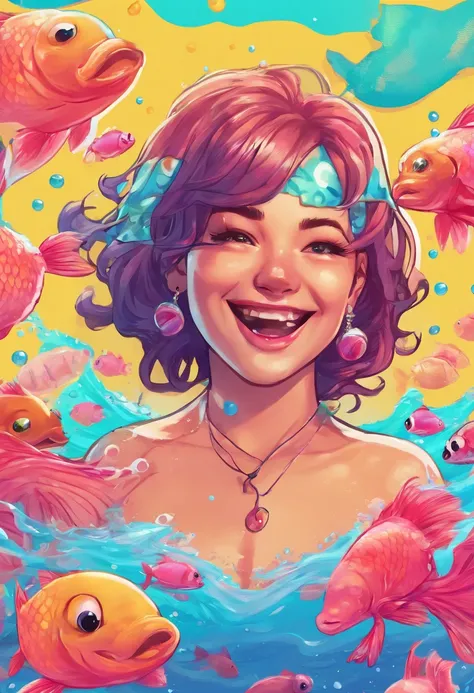 There is a girl swimming in the water, happy smile, sunny face, innocent girl, big, lots of blisters, bubbles, a lot of fish, cute digital painting, beautiful digital artwork, realistic effect, high texture