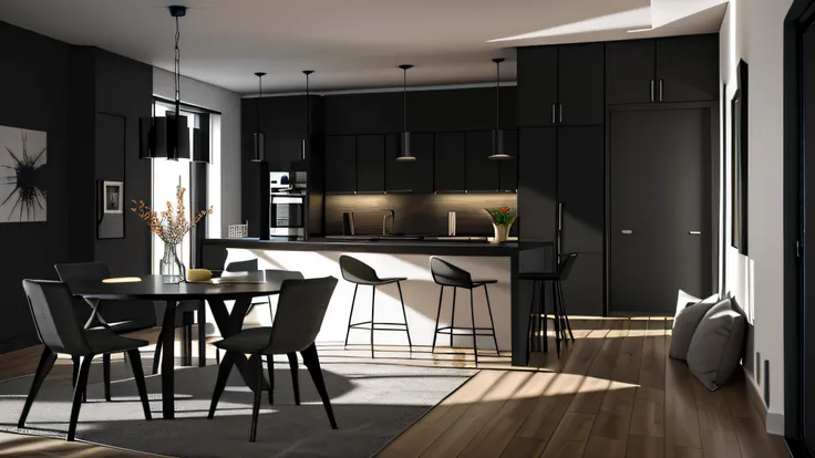 a view of a kitchen with a dining table and chairs, precise architectural rendering, dark and modern, dark kitchen, stunning render, apartment with black walls, stunning 3 d render, stunning 3d render, award-winning render, excellent 3d render, inside a mo...