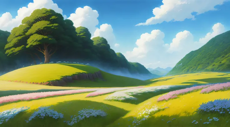 Realistic, authentic, beautiful and amazing landscape oil painting Studio Ghibli Hayao Miyazaki&#39;s petal grassland with blue sky and white clouds --v6