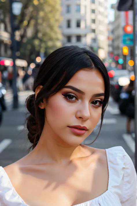 instagram photo, closeup face photo of a young french in dress, beautiful face, makeup, daytime city street, bokeh, motion blur