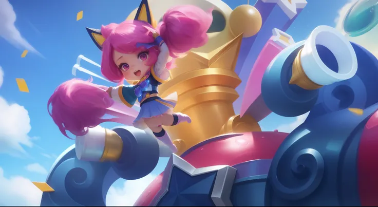 A closeup of a woman in a pink outfit mounted on a giant robot, jinx arcano, Splashart de League of Legends, League of Legends arte splash, star guardians, Serafim Ahri KDA, de League of Legends, Splash Art Oficial, Arte Splash, Arte do personagem de Leagu...