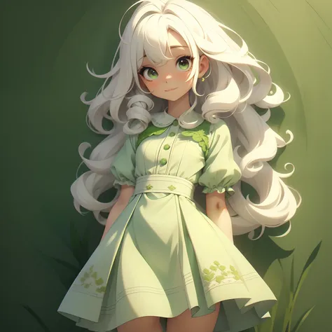 A girl, white curly hair, a short green dress