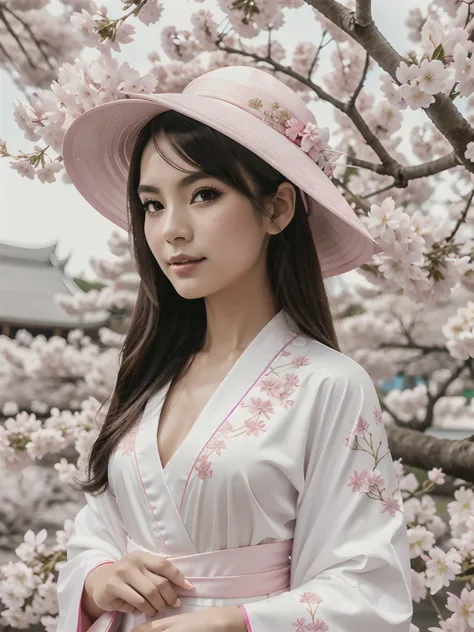 highly detailed, stunning image of the girl is wearing a white kimono with pink trim, jeweled metal bangkok hat, backdrop of cherry blossoms, japanese background, bright colors, ornate, symmetrical,