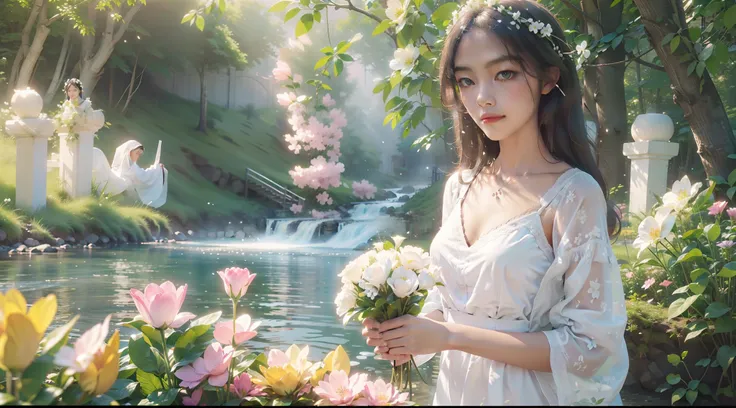 Generate images of beautiful and peaceful gardens, There are colorful flowers, Gentle stream, and the sounds of nature. Show serenity, Living, The beauty of a perfect day.A girl in a white shirt and a long white floral dress，Stand in the garden，With a garl...