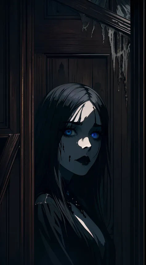 (best quality,ultra-detailed,highres,masterpiece:1.2),dark atmosphere,gothic,stunning black lips, detailed eyes,beautiful dark-skinned girl, abandoned wooden house interior, eerie silence, mysterious shadows, haunting ambiance, gloomy lighting, decaying wa...