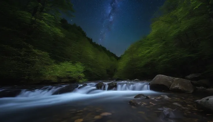 There is a stream flowing in the forest.、I see stars in the night sky。The water is clean。Stars shine in the sky。