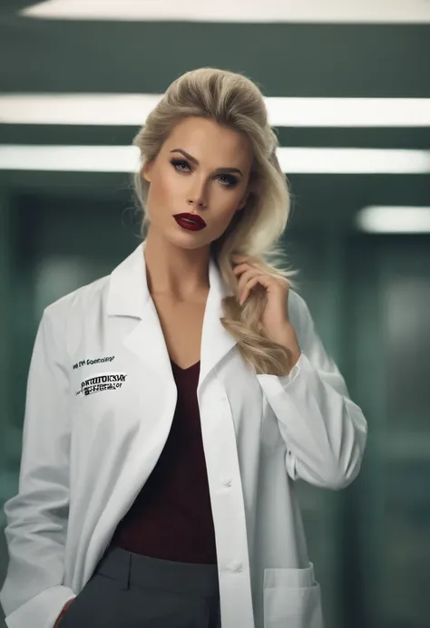 Full body, doctor, sly look woman, blonde ponytail hair, datk make up, red lips, green shirt, white lab coat, gray pants, black heel shoes, frown, cool pose