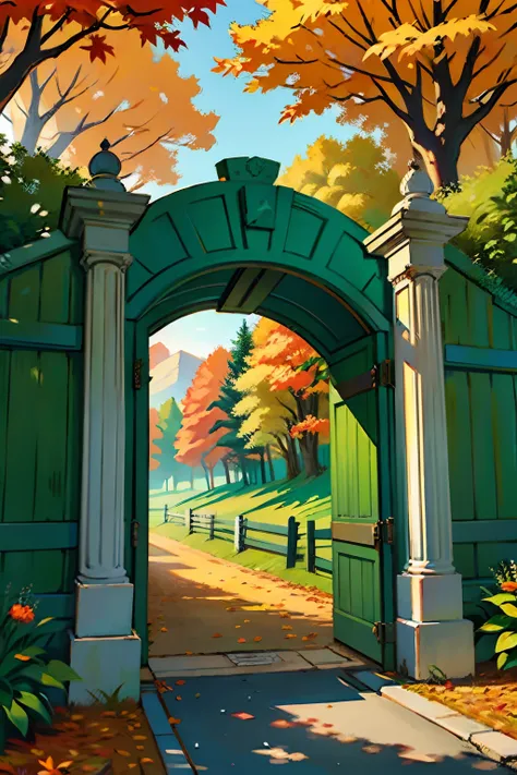 A painting of an autumn landscape, green trees and autumn trees, a fence with a gate that is closed, afternoon light.