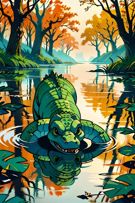 A painting of an alligator in a swamp, autumn, dark afternoon light.