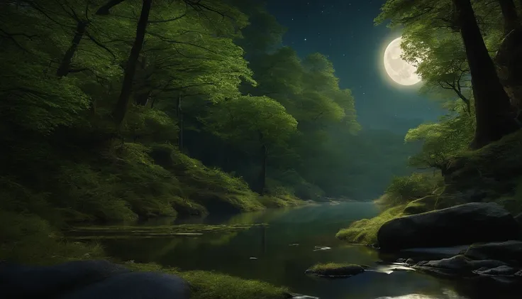 There is a stream flowing in the forest.、Looking up and the tree々You can see the starry sky from between。The water is clean。The big full moon is also shining。