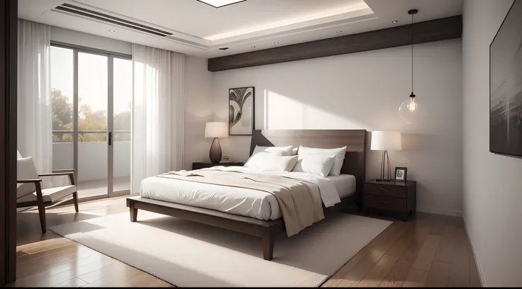 Spectacular bedroom designed with a touch of elegance and modernity. The walls are painted in neutral tones such as soft grays or creamy whites, creating a feeling of serenity and spaciousness. But what really catches the eye is the ceiling, clad in stucco...