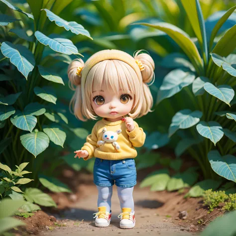 Cute Baby Chibi Anime,Beige hair,White knitwear,(Blue Denim Shorts:1.1)with  the(Yellow pantyhose:1.2),florals,Royal Botanic Gardens,White sneakers.