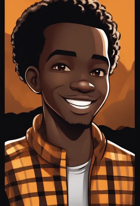 cartoon image of a dark skin male with faded haircut wearing an black shirt and a yellow plaid jacket, character portrait, light orange eyes, curly Afro(black:1.5,), smiling, inspired by Huey from The Boondocks, (black:1.5,dark brown:1.3, orange:1.2), shor...