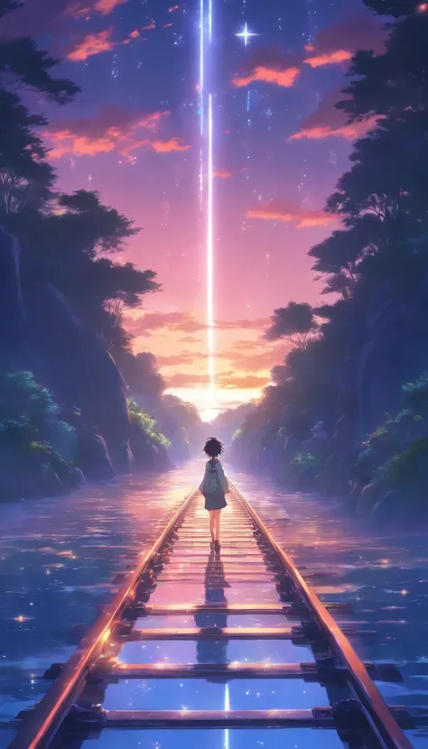 Masterpiece, Anime train passing through bodies of water on tracks, Bright starry sky. Romantic train, Makoto Shinkais picture, Pisif, concept-art, Lofi art style, Reflection. By Makoto Shinkai, Lofi art, beautiful anime scenes, Anime landscape, Detailed s...