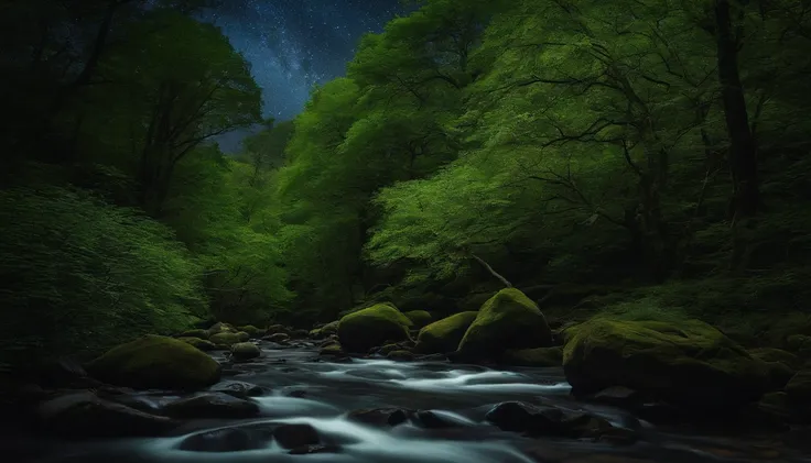 There is a stream flowing in the forest.、Looking up and the tree々You can see the starry sky from between。Quite dark。